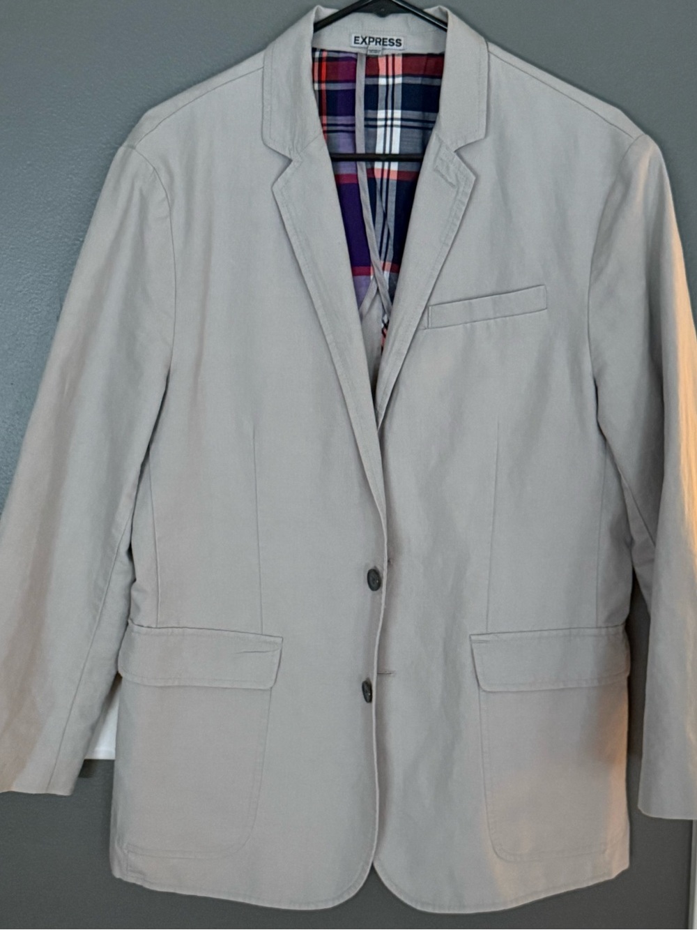 Express Light Gray Mens Blazer with Plaid Lining